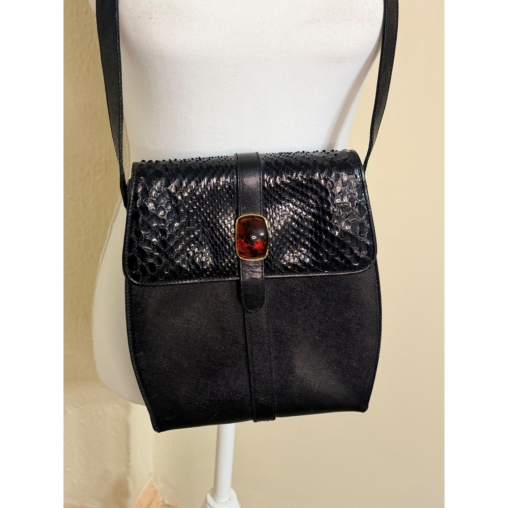 Woodward Italy Black Leather Snakeskin Embossed Crossbody Bag Amber Stone Accent